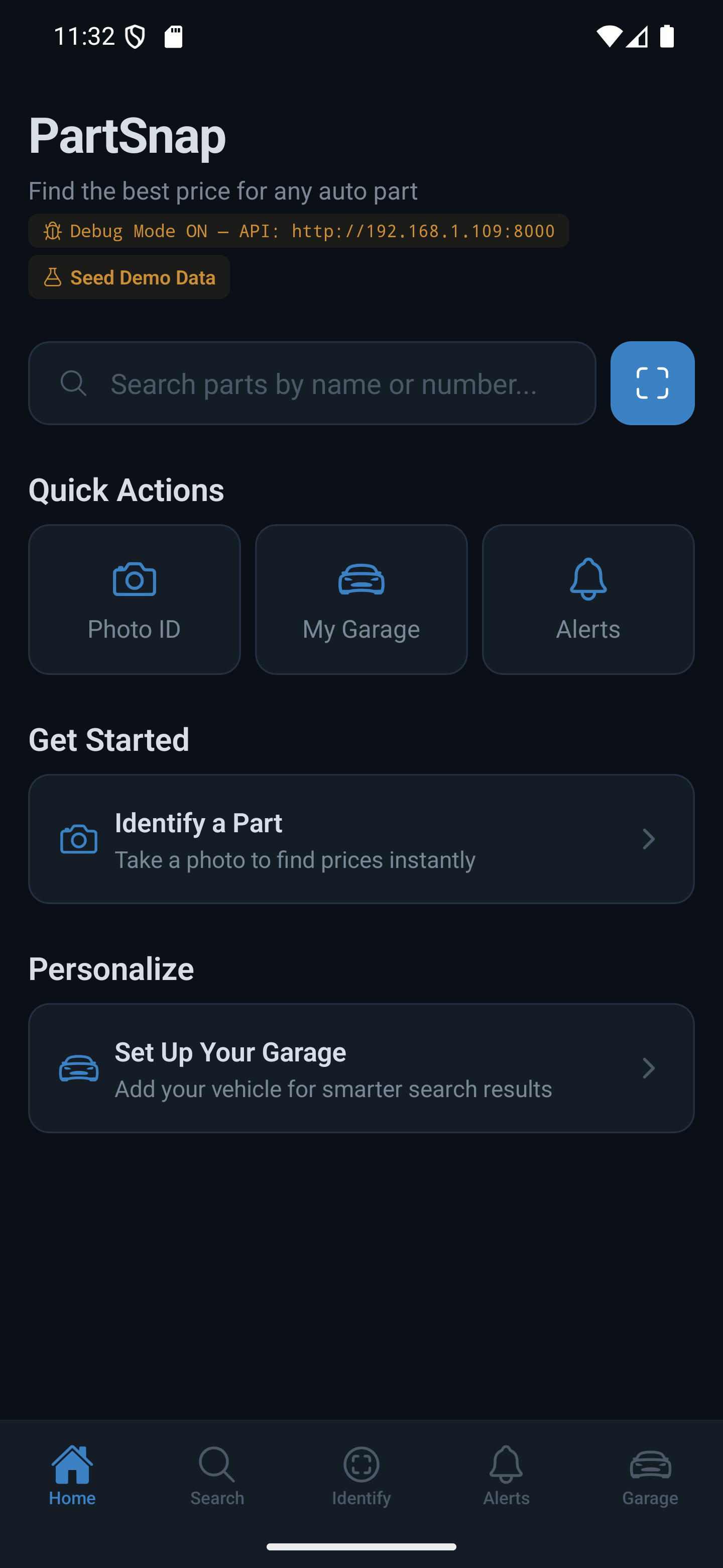 PartSnap home screen